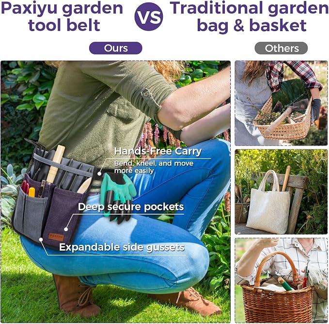 Garden Tool Belt for Women & Men, Slim Denim Garden Apron with 4 Pockets, Lightweight Adjustable Tool Pouch for Gardening, Florist, DIY & Craft, Purple