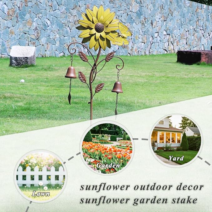 HLQMFHT Sunflower Garden Stake with Bells, Decorative Garden Stakes for Garden Yard Patio Decor