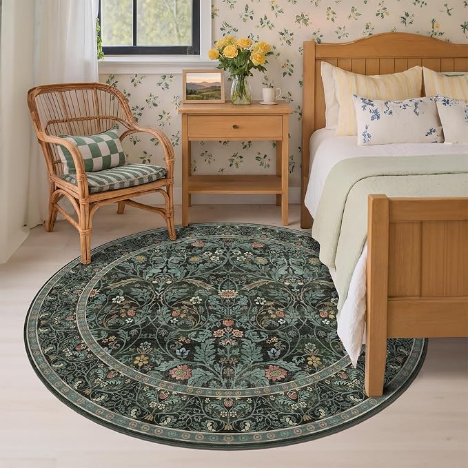 Dark Green 6ft Round Rugs for Dining Room, Living Room, Kitchen, Botanical Floral Washable Circle Area Rug for Bedroom, Traditional Oriental Moody Home Decor Circular Carpet