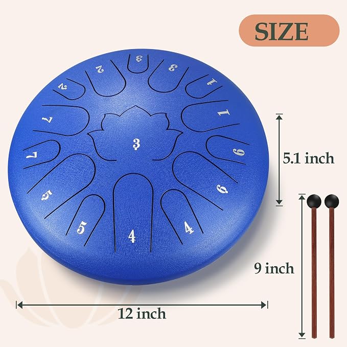Steel Tongue Drum - 15 Note 12 Inch C Major Handpan Drum for Meditation and Beginners, with Music Book, Rain Drum Mallets, and Carrying Case (Blue, 12 Inch)