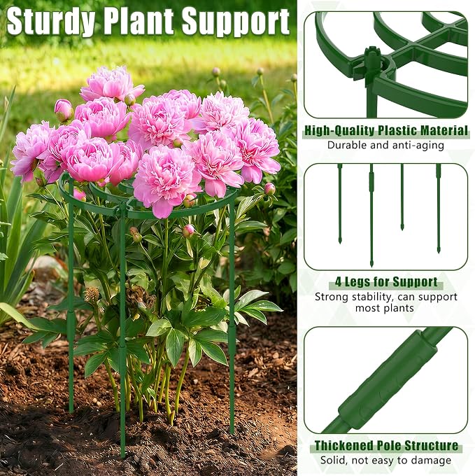 4 Pack Peony Cages and Supports, 11.8" D x 25" H Plant Supports for Outdoor Plants, Peony Support Cage Flower Support Rings, Plant Support Ring for Rose Tomato Hydrangea Strawberry