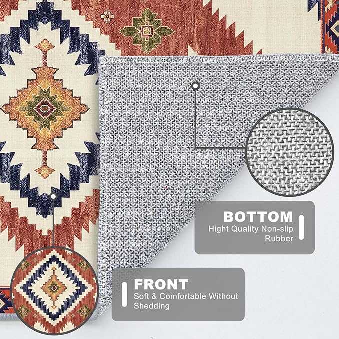 Area Rug 5x7 Western Rug for Living Room Southwest Aztec Rugs | Washable Southwestern Navaj Tribal Rugs Low Pile Non-Slip Floor Carpet for Dining Room Bedroom Kitchen Office, Yellow Brown