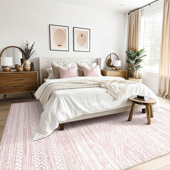 Tortania Area Rug Living Room Rugs- 9x12 Washable Large Soft Neutral Boho Moroccan Bohemian Farmhouse Rug Indoor Floor Carpet for Bedroom Under Dining Table Home Office Decor - Pink