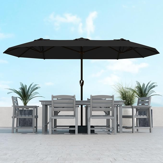Kingdura 15ft Large Patio Umbrella with Base Included, Double-Sided Rectangle Outdoor Table Umbrella with 12 Reinforced Ribs, Crank Lift for Market Pool Deck Backyard, Black