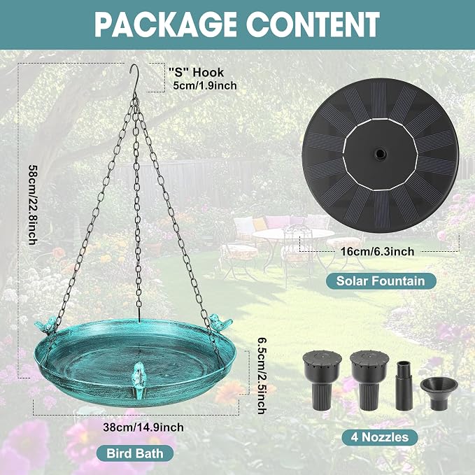 DazSpirit Hanging Bird Bath with Solar Fountain, 14.9" Metal Bird Bath for Outdoors, Fixed Solar Panel with 4 Nozzles, 3 Removable Decorative Birds, Hanging Birdbath for Garden Patio Porch Yard Gift