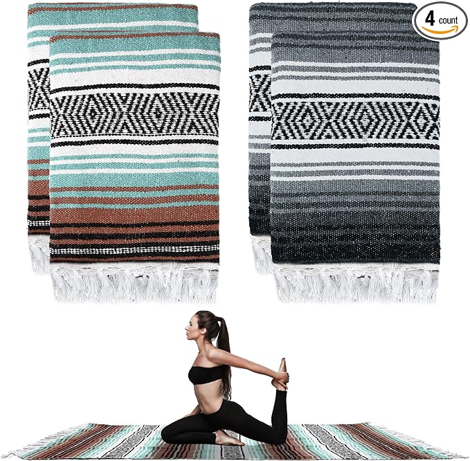 Preboun 4 Pcs Large Mexican Yoga Blanket Pack 45 x 70 Inch Thick Woven Camping Picnic Beach Car Travel Throw Blanket Outdoor Patio Mat Towel