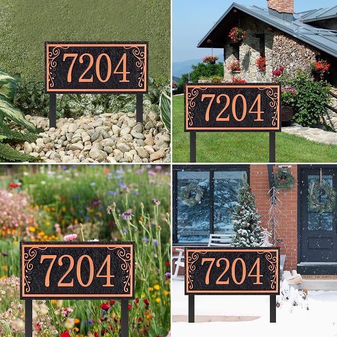 Lawn Address Sign Plaque - Personalized House Number Plaque Sign,Address Numbers for House Large Option Stakes Included (Black/Red Copper)