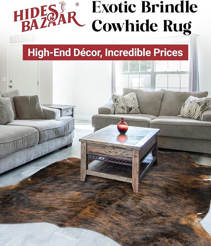 HIDES BAZAAR Brindle Cowhide Rug Premium Exotic Cow Hide Rugs for Bedroom, Living Room & Office - Genuine Cowhide Rug with Unique Mixed Black, Brown & White Pattern - Cow Hide Rugs 6x7-8 ft