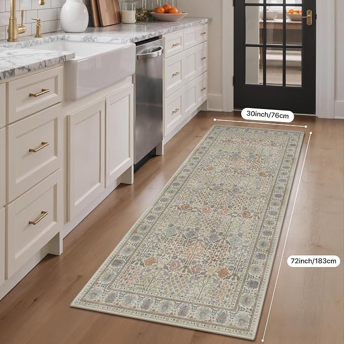 2.5x6 Kitchen Runner Rug, Washable Non Slip, Earth Yellow | Vintage Floral Design, Spill Resistant Lightweight Low Pile Carpet for Hallway, Bedroom, Laundry Room, Bathroom