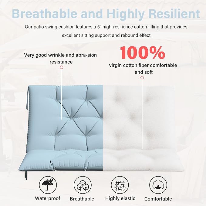 Porch Swing Cushion with Backrest,Waterproof Bench Cushion for Outdoor Furniture,2-3 Seater Replacement Thickened 5 in swing cushion,with Ties,Patio,Outdoor,Backyard and Garden (Sky Blue,40x40 in)
