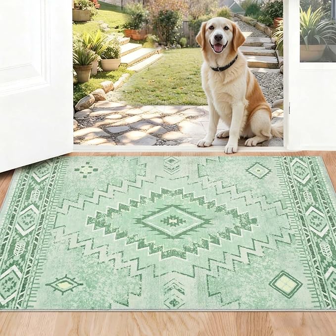 Yinhua Green 2x3 Area Rug for Entryway, Western Rugs Washable | Morrocan Small Rug Non Slip, Vintage Low Pile Indoor Carpet for Bedroom Kitchen Home Decor