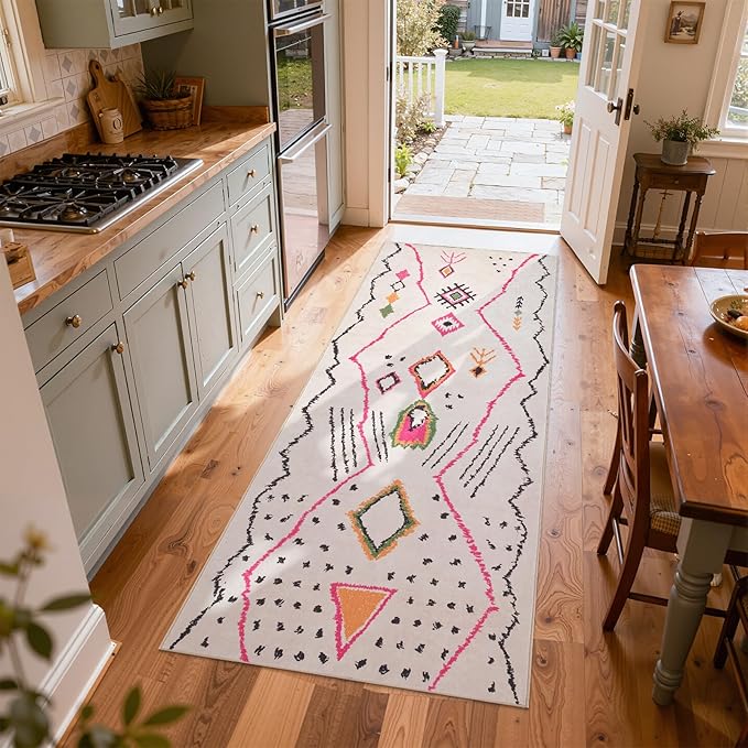 jinchan 3x7 Runner Rug Hot Nerd Boho Geometric Washable Hallway Rug, Beige | Tribal Inspired, Abstract Pattern, Irregular Lines, Washable, Soft Texture, Non-Slip, Low Pile, Kitchen, Bedroom