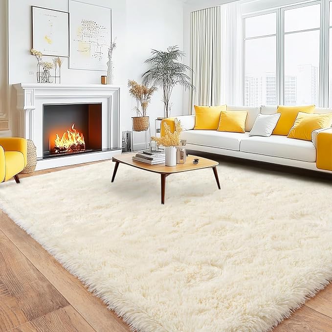 8x10 Area Rugs for Living Room, Large Ultra Fluffy Fuzzy Shag Cream Rug for Bedroom, Modern Plush Soft High Pile Upgrade Non-Slip Carpet for Kids Girls and Boys, Dorms, Home Decor Aesthetic