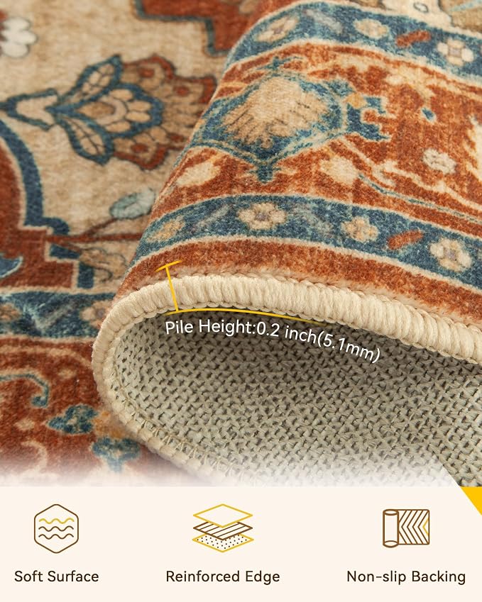 RELEANY Washable Area Rug, Round 5ft, Red/Orange/Blue/Brown | Non-Slip, Water Repellent, Pet Friendly, Easy to Clean, Vintage Floral Boho Decor for Living Room Bedroom Dining Room