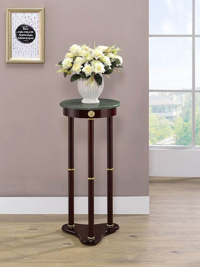 Coaster Home Furnishings - Edie - Stone and Wood - 12-Inch Round Marble Top Side Table with Tri-Leg Base and Gold Accents - Traditional Style for Living Room - Green and Merlot - 3315