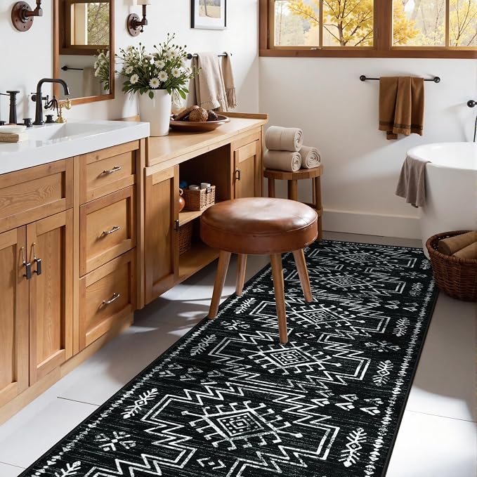 Lahome Black Runner Rug for Hallway Non Slip, 2.5x8 Western Entryway Rug | Boho Washable Stain Resistant Runner Rug for Bathroom Kitchen, Moroccan Low Pile Long Carpet for Entrance