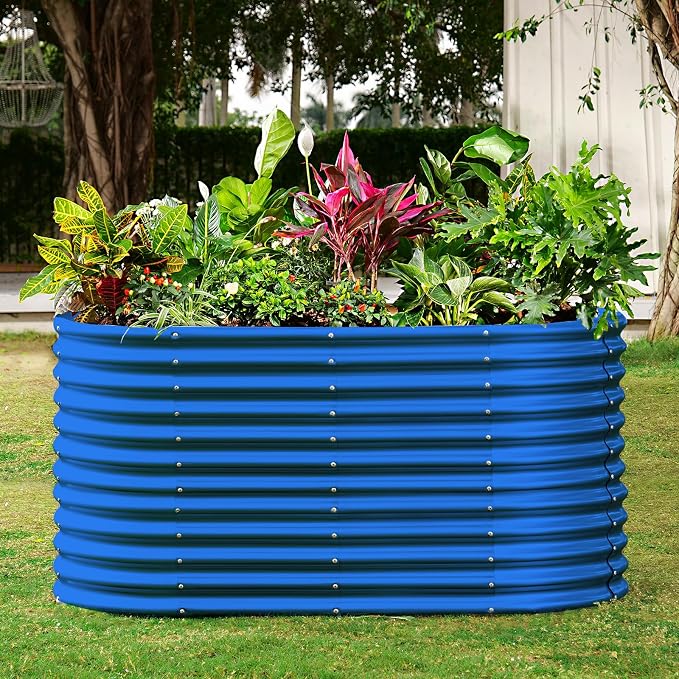 Land Guard 8x4x3ft Oval Galvanized Raised Garden Beds, Large-Capacity Metal Planter Box Outdoor, Durable Deep Raised Garden Bed 3ft Tall, Raised Beds for Gardening Vegetables, Royal Blue