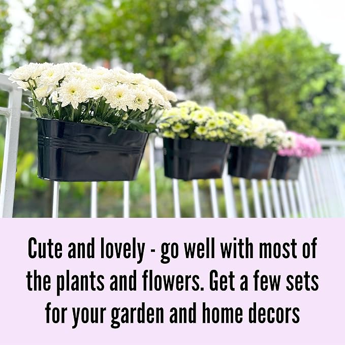 LaLaGreen Rail Planter Outdoor Plants(11.8 Inch, 10 Pack) Black Metal Iron Hanging Flower Pots Deck Railings Fence Buckets Modern Countryside Boho Style Wall Mount Window Box Plant Holder Porch Decor