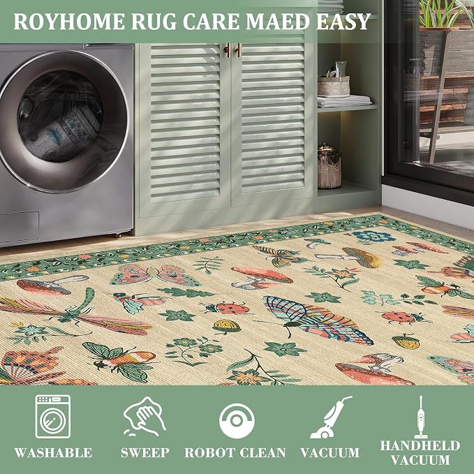 Mushroom Insect 8x10 Area Rugs, Washable Rugs for Living Room Non Slip Stain Resistant Low Pile Modern Butterfly Carpet for Bedroom Dining Room Nursery Playroom Office, Khaki Green