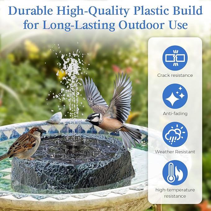 Solar Powered Bird Bath Fountain with Rock Texture, High-Strength Plastic Outdoor Birdbath, 6 Spray Patterns Solar Fountain Pump, Decorative Water Feature for Garden Decor 7.8" DarkGreen