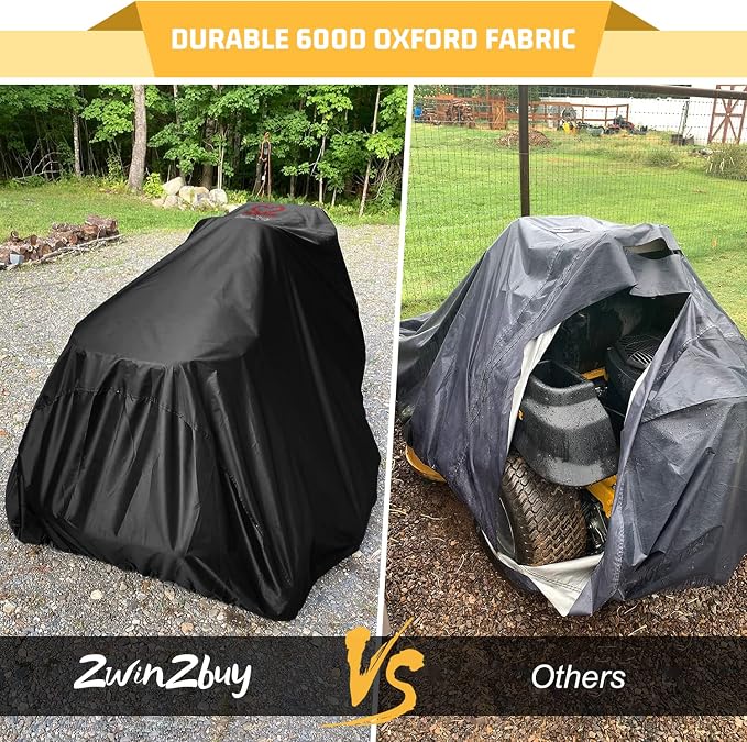 Riding Lawn Mower Cover, Heavy Duty 600D Lawnmower Covers Waterproof Outdoor Lawn Tractor Cover Tarp All Weather Ride on Mower Covers Universal Fit Decks up to 54" with Elastic Cord & Storage Bag