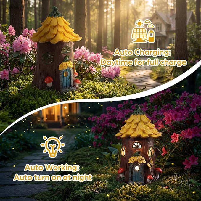 Lavezee Fairy House Outdoor Figurine Lights for Garden Decor, Fairy Garden Houses for Front Porch Patio Backyard Yard Decoration, Birthday Gifts for Mom Women