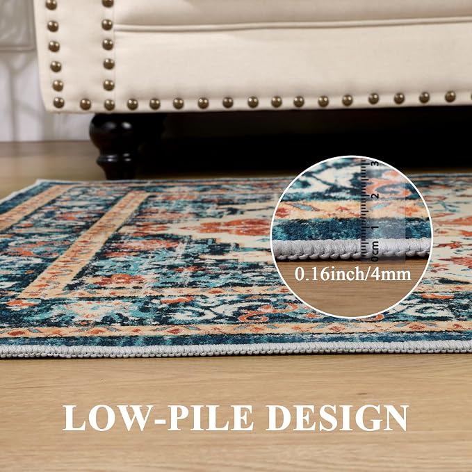 U'Artlines Boho Vintage Area Rug 3x5 Machine Washable Carpet,Orange/Multi | Low Pile, Non Slip, Ultra-Thin Soft Floor Carpet, Accent Rug for Living Room Bedroom Entryway Dining Room Office