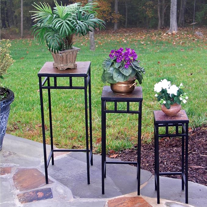 Zhongma Set of 3 Metal Plant Stand with Slate Top Fully Assembled Square Flower Shelf without Installation Required