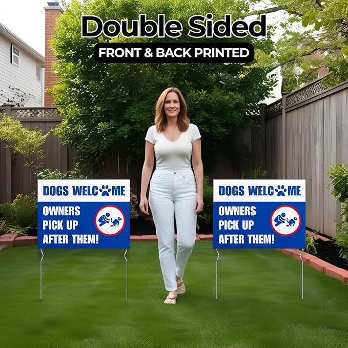 Dogs Welcome – Owners, Pick Up After Them! Yard Sign by DC | 24"x18" Double Sided Pets Garden Sign with 13” Metal Stakes | Outdoor Signs Waterproof for Lawn, Patio, Sidewalk & House | Set of 3