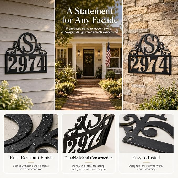 Personalized Metal House Number Sign for Outside, Custom Address Plaque with Family Initial, Door Number Plate for Yard Porch Wall Decor, House Numbers for Home