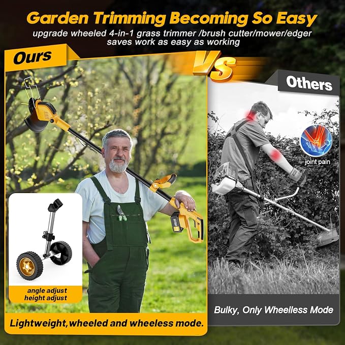 20000 RPM Heavy Duty Stringless Weed Wacker Edger, Cordless Electric Weed Eater Battery Powered 6000mAh, Brush Cutter Lawn Tool/Weed Trimmer/Grass Trimmer W/Wheel Metal Blade, 2 Battery