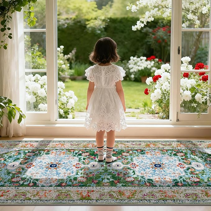 U'Artlines 3'x10' Boho Hallway Runner Rug Non Slip Washable Runners,Green | Vintage Farmhouse Kitchen Rug Accent Area Carpet for Entryway Laundry and Living Room