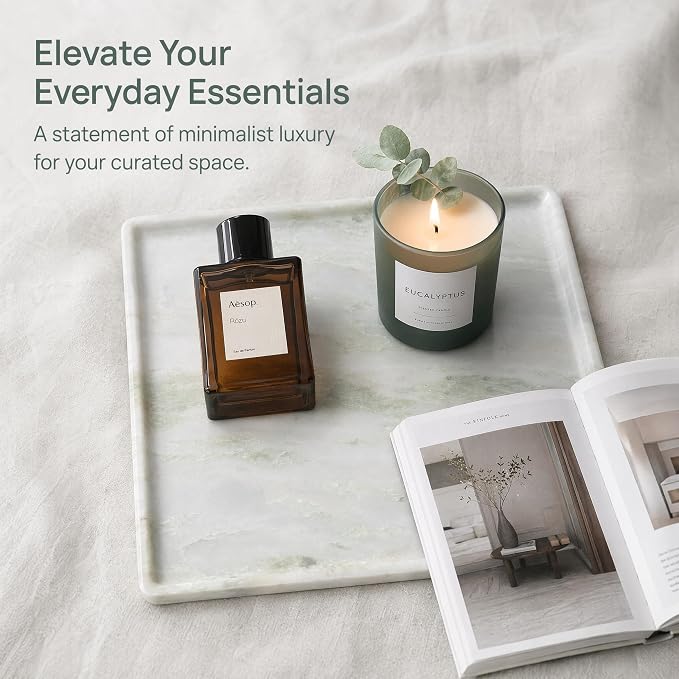 Real Natural Marble Tray 10.2in Square Solid Stone Decorative Plate | Luxury White Marble Decor Tray for Candle, Jewelry, Plant. Food-Safe Solid Stone Serving Dish with Unique Veining