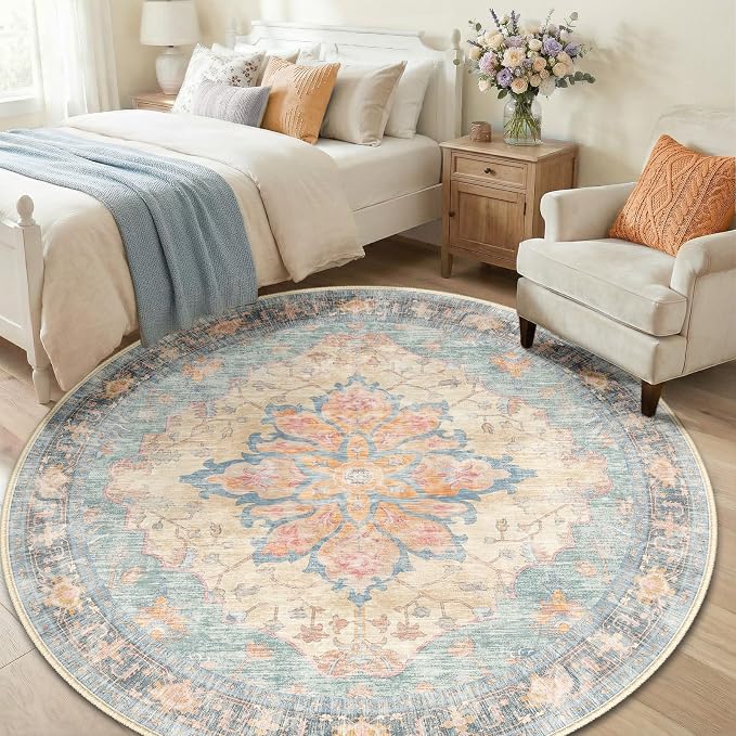 RELEANY Washable Area Rug, Round 6ft, Blue/Orange/Red | Non-Slip, Water Repellent, Pet Friendly, Easy to Clean, Vintage Floral Boho Decor for Living Room Bedroom Dining Room