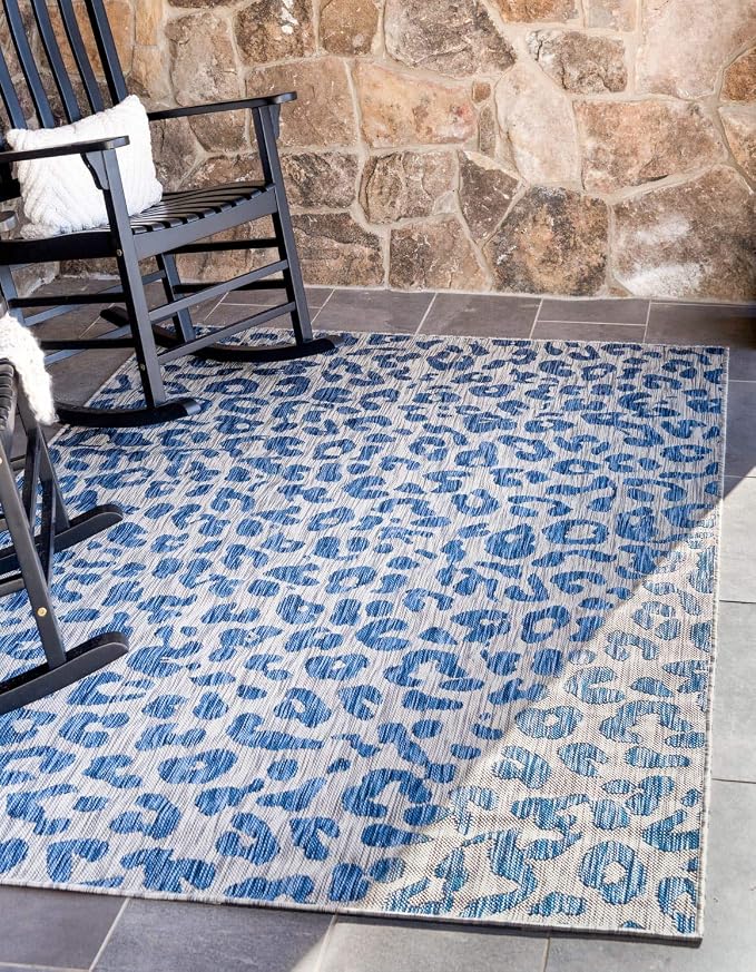 Unique Loom Outdoor Safari Collection Area Rug - Leopard (8' x 11' 4" Rectangle, Blue/ Gray)