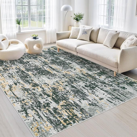 Area Rugs 6x9 Living Room: Washable Rug Modern Abstract Large Rugs Soft Non Slip Neutral Rug Stain Resistant Indoor Carpet for Bedroom Kitchen Dining Room Nursery Home Rugs(Black Grey Gold,6'x9')