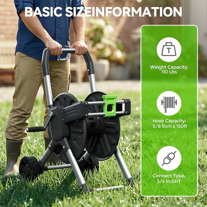 Upgrade Garden Hose Reel Cart, Holds 150 Feet of 5/8-Inch Hose, Hose Reel Cart With Effort-saving Hand Crank,Freestanding Water Hose Reels for Outside Garden Lawn Yard Outdoor