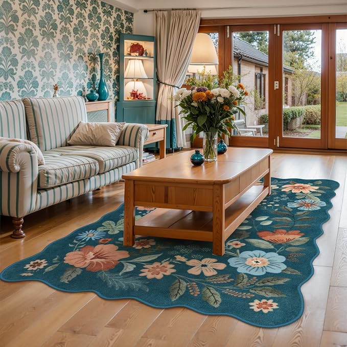 Lahome Floral Washable Rugs for Bedroom, 4X6 Area Rug Soft Living Room Rug | Ultra-Thin Non-Slip Classroom Rug Stain Resistant Boho Rug Low-Pile for Nursery Office Flore (4x6ft, Navy/Blue)