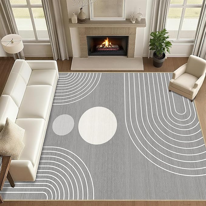 8x10 Area Rug for Living Room Boho Modern Minimalist Geometric Abstract Large Rug Grey Mid Century Modern Machine Washable Non-Slip Printed Low-Pile Indoor Floor Carpet Dining Room Bedroom Gray
