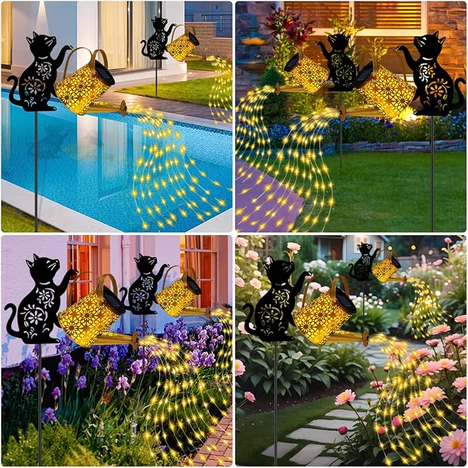 Solar Lights Outdoor Decorative, Watering Can with Cascading Lights, with Cat Silhouette Garden Stakes, Waterproof Metal Garden Decor for Yard Art, Outside, Patio, Lawn 2PACK