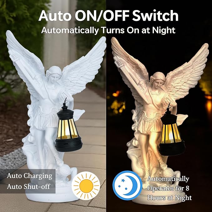 Dlfghos St Michael The Archangel Solar Outdoor Garden Decor Statues–12 in Miguel Arcangel Statue Solar Outdoor Sculptures for Outside Yard Patio Balcony Front Lawn Decor
