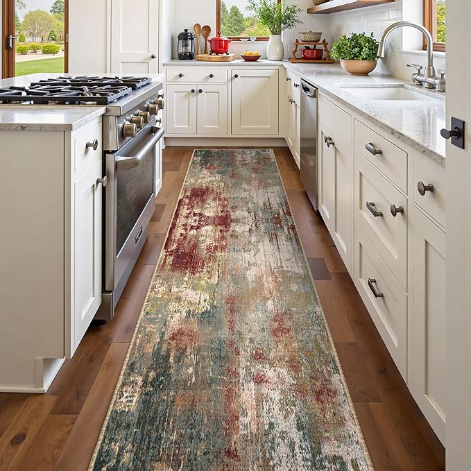 RELEANY Washable Runner 2'x10' Abstract Area Rug for Hallway Rustic Brown | Carpet for Kitchen, Entryway, Bathroom, Living Room, Bedroom, Printed Pattern, Non‑Slip, Soft, Stain‑Resistant, Easy to Clean