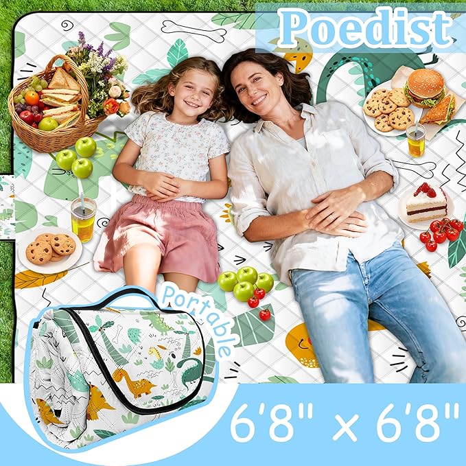Extra Large Picnic Blanket Waterproof,80"x 80"Foldable Machine Washable Beach Blanket,Outdoor Blanket for 6-8 Adults,Suitable for Indoor Crawling,Park Beach,Camping,Hiking,Family Travel(Dinosaur)