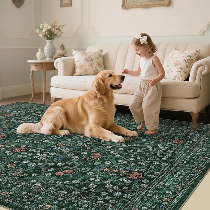 GarveeHome Dark Green Floral 8x10 Washable Area Rug Living Room Bedroom | Vintage Stain Resistant Rugs for Large Room Low-Pile Non-Slip Carpet Soft Stain Resistant Botanical Boho Rug TPE Backing