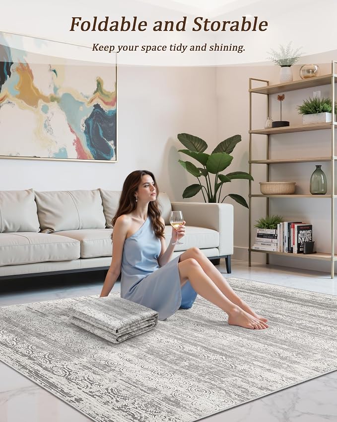 Miukiki 4x6 Washable Area Rug Non Slip Rug for Living Room Grey | Moroccan Soft Low Pile Indoor Area Rug for Living Room Bedroom Dining Room Stain Resistant Carpet with Easy Care 4'x6'
