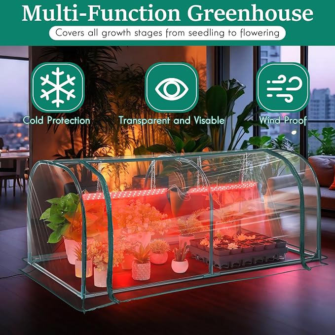 Meonum Mini Greenhouse with Grow Light, 51.18 "L x 25.59" W x 21.65" H Portable Greenhouses Waterproof UV-Resistant for Indoor/Outdoor Seed Starting(Dome Shape)