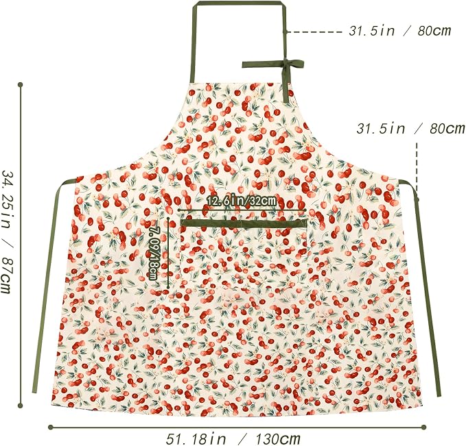 Women's Cherry Floral Print Vintage Kitchen Cooking Apron | Adjustable Tie Straps & Big Storage Pockets, Cute Gardening Pinafore, Nice Gift for Baking & Tea Lovers(Cherry red)