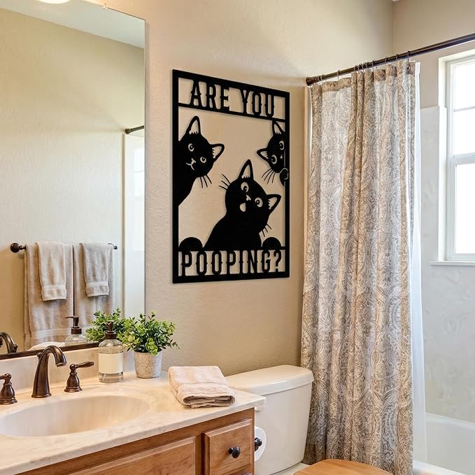 Custom Funny Cat Are You Pooping Metal Wall Art Sign, Personalized Bathroom Humor Decor, Cute Cat Toilet Sign, Quirky Restroom Wall Decor, Funny Gift for Cat Lovers