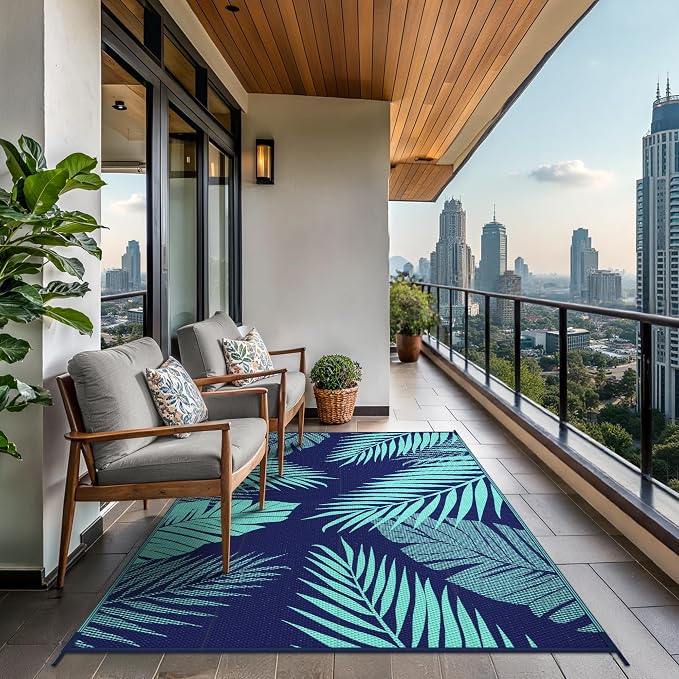 GENIMO Outdoor Rug 9' x 12' Waterproof for Patios Clearance, Reversible Outdoor Plastic Straw Camping Rug Carpet, Large Area Rugs Mats for RV, Camper, Deck, Balcony, Porch, Beach, Navy Blue&Jade Green