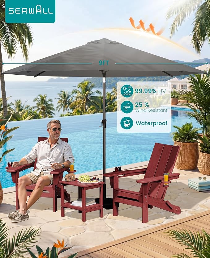 SERWALL Modern Folding Adirondack Chair Set with 9 Ft Umbrella, Folable Adirondack Chairs Set of 2 with Cup Holders, HDPE Fire Pit Chairs for Patio Lawn Garden, Red (Umbrella Base is not Included)